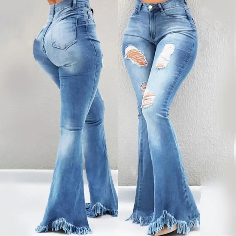 

Women Autumn Denim Flared Pants Zipper Button High Waist Fly Ripped Holes Design Pockets Tassel Cuffs Full Length Jeans