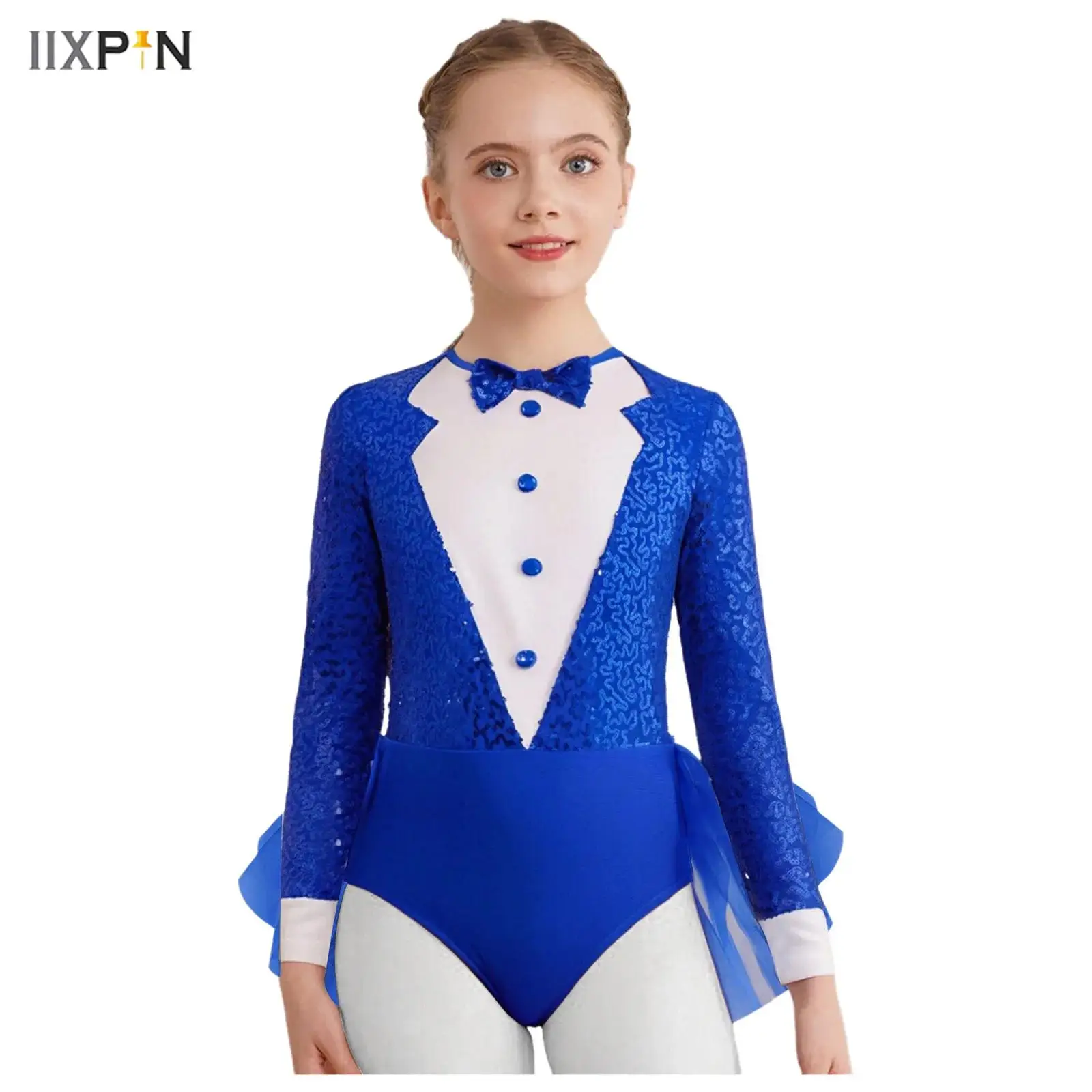 

Kids Girls Latin Jazz Dance Bodysuit Long Sleeve Color Block Sparkly Sequins Bodice Tulle Skirted Leotard Retro Dance Costume