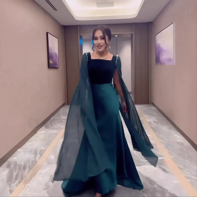 

New Year's New Satin Splicing Elegant Large Swing Sleeve Pearl Long Slim Dress