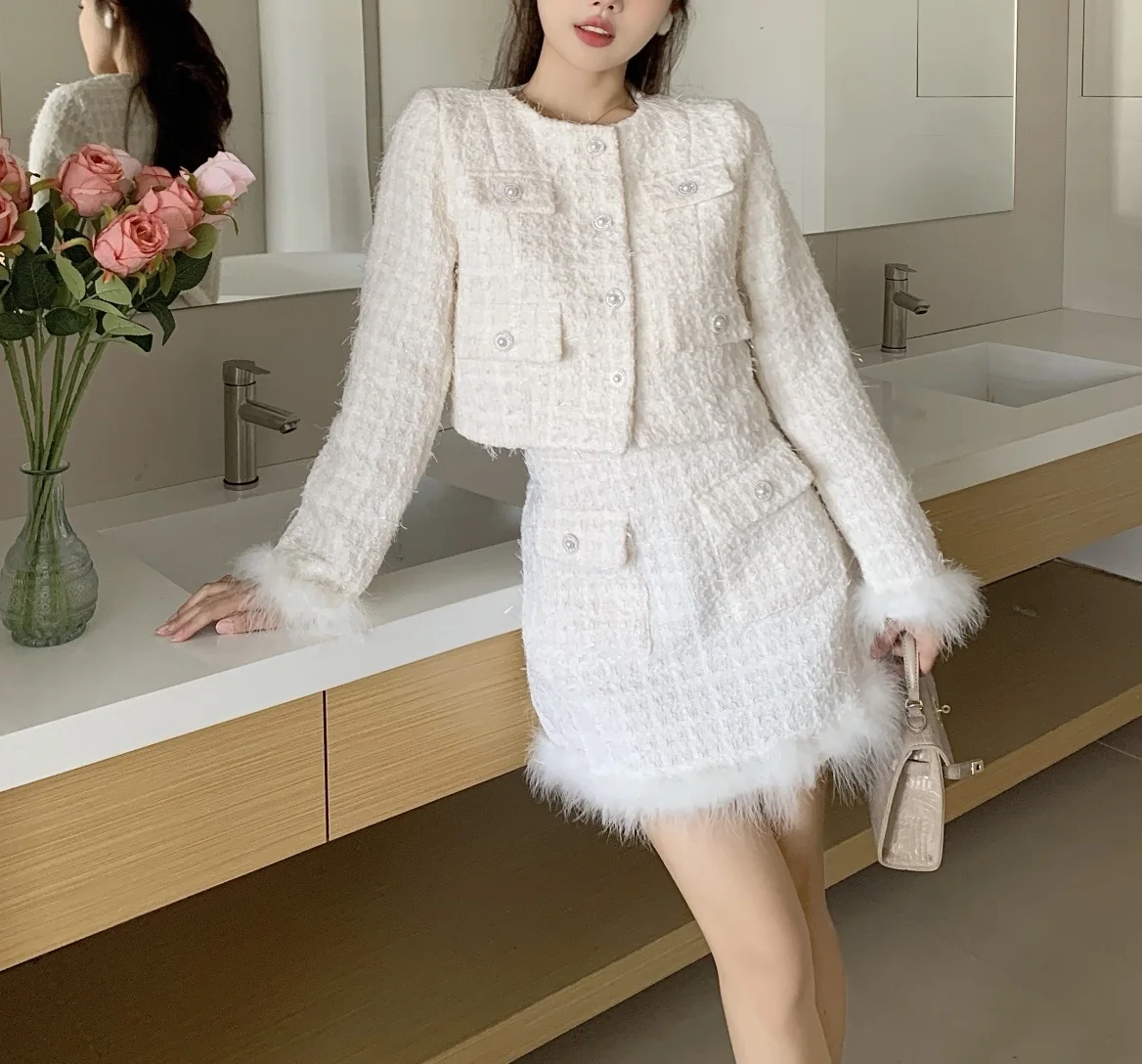 

Autumn and Winter New Cotton Clothes Small Fragrance Style Coat Fur Coat Half Skirt Winter Skirt Short Skirt Set