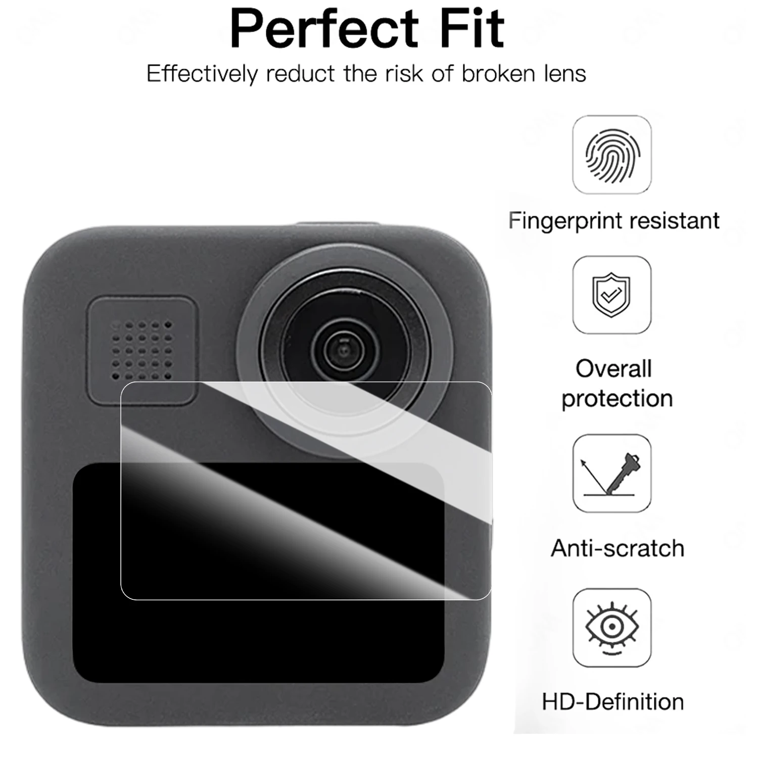 Łatwa w montażu folia ochronna na ekran GoPro Max 2, przezroczysta, odporna na zarysowania, szkło hartowane z zestawem do automatycznego ustawiania.