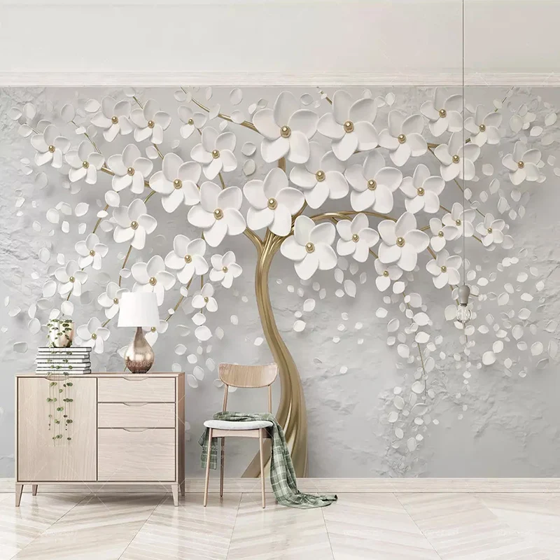 Custom Any Size Murals Wallpaper 3D Stereo White Flowers Wall Painting Living Room TV Sofa Bedroom Backdrop Wall Papel De Parede