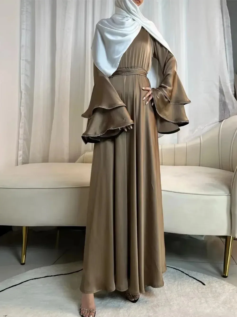 Eid Flare Sleeve Dress for Women Abaya Muslim Women 3 Piece Set Dresses Sashes Scarf Vestidos Jalabiya Arab Robe Ramadan 2025