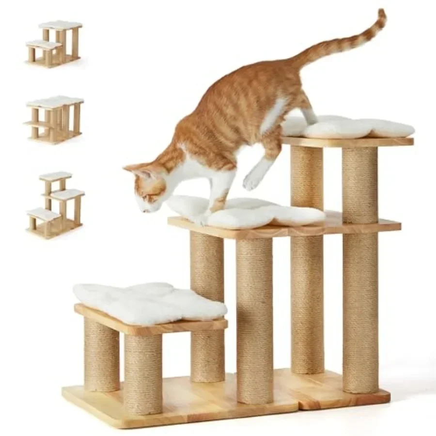 Dog Stairs, Solid Wood Pet Stairs with Cat Scratching Post Transformable Cat Step Holds Up to 200 lbs, 20 Pet Ramp for Dogs and
