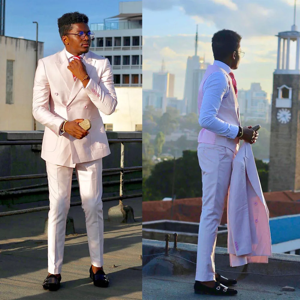 Pink Men Suits 3 Pieces Blazer Vest Pants Tailored Double Breasted Fashion Fashion Formal Business Groom Causal Prom Summer