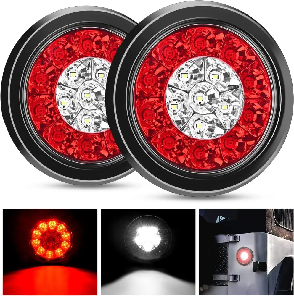 

1 Pair 4" Round Truck Trailer Led Tail Stop Brake Lights 12V 16LEDs 6000K Dual Color Led Trailer Taillights Sealed Waterproof