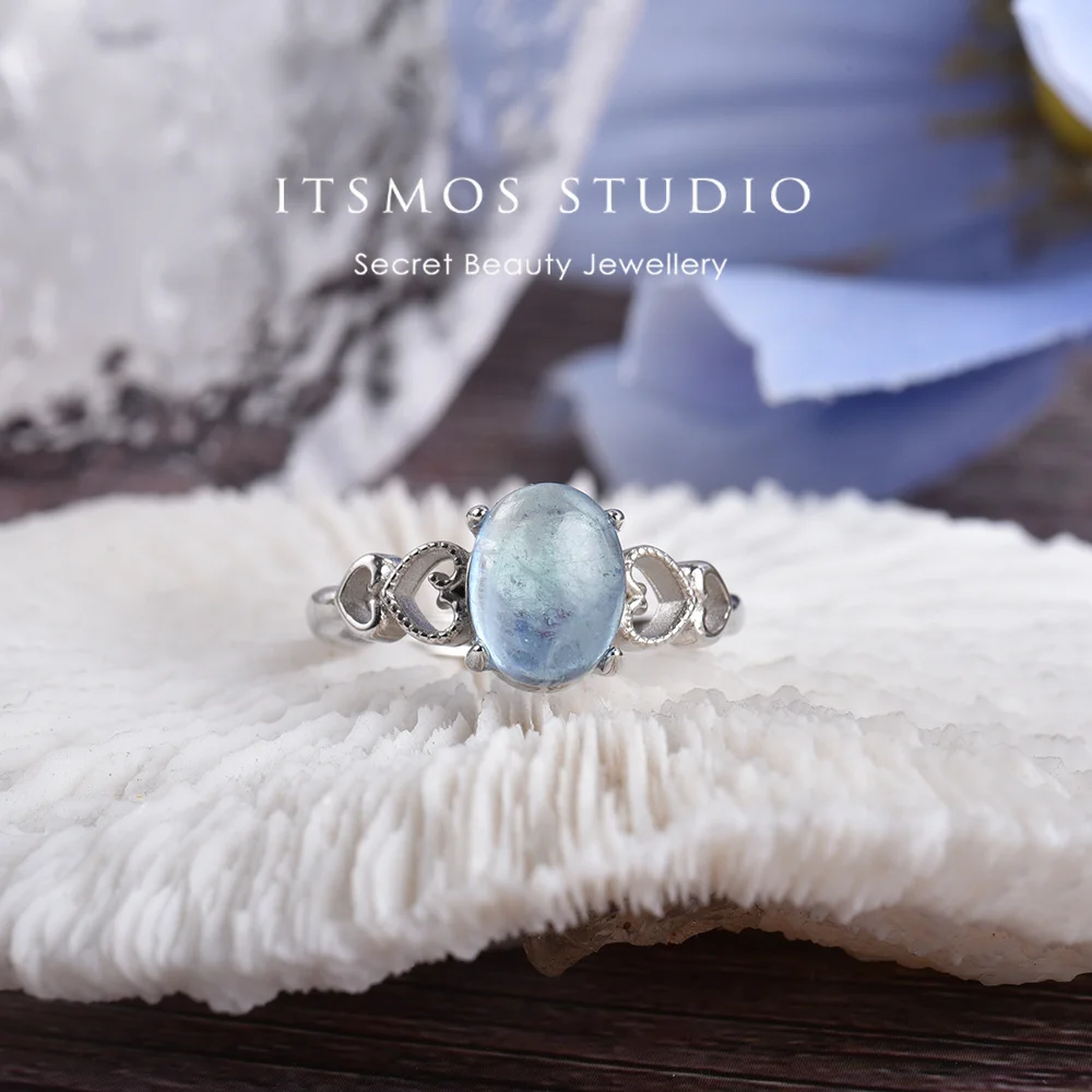 ITSMOS Aquamarine Rings Healing Energy Ring Vintage Blue Vintage Heart Crystal Ring Cabochon Stone Elegant Gift for Women
