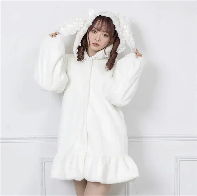 Autumn Winter Fashion Loose Mid-length Woolen Jacket Girl Sweet Cute Japanese Rabbit Ear Hooded Plush Plush Jacket Quilted Coats