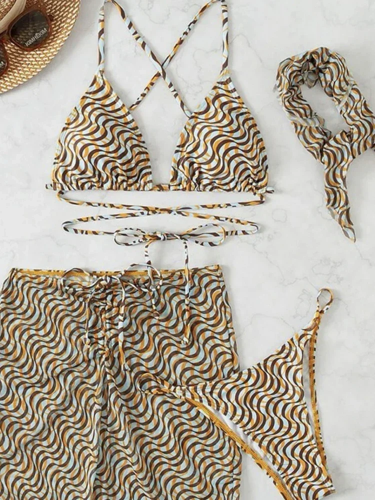 OIINAA ストライプ水着女性のセクシーなヘアバンドビキニスーツラップアラウンド 4 ピースプリントビーチウェアレースアップ海水浴水着