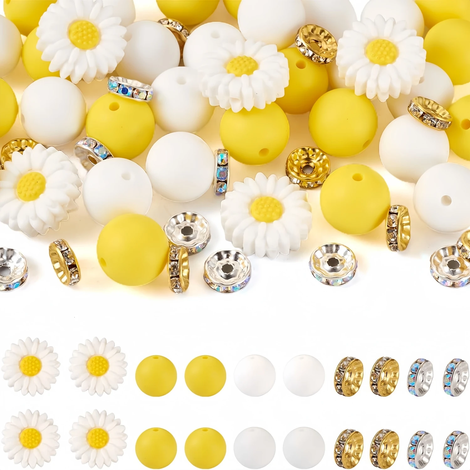 65pcs/set Daisy Flower Beads 15mm Silicone Focus Beads For Keychain Making,Round Silicone Loose Beads Loose With Rhinestone Spacer Beads For Jewelry