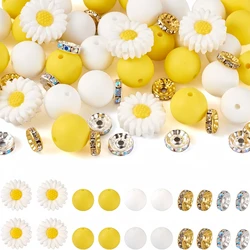 65pcs/set Daisy Flower Beads 15mm Silicone Focus Beads For Keychain Making,Round Silicone Loose Beads Loose With Rhinestone Spacer Beads For Jewelry MakingDIY Pen Keychain Crafts