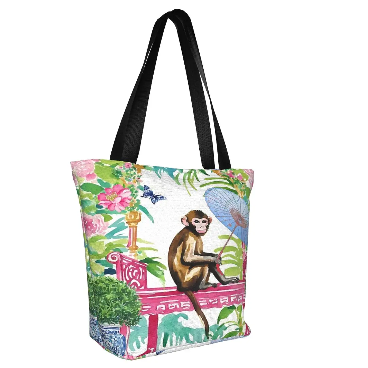 Monkey In Chinoiserie Garden Casual Shoulder Tote Shopping Bag Portable Wider Handloom For Beachcombing Halloween Gift