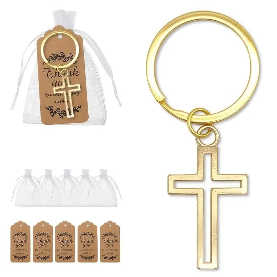 1/5/10/20/50/100pcs Hollow Golden-Edged Cross Alloy Keychain Set, Includes 30 Thank-you Cards and 30 Mesh Bags. Features a Delic