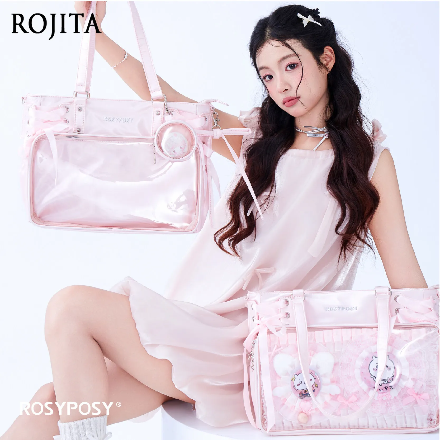 Kawaii Satin Pink Ita Bag with Bow, Large Clear Window Tote Strap Large Appetite Pain Bag Baby Bag Ribbon Lolita Bags