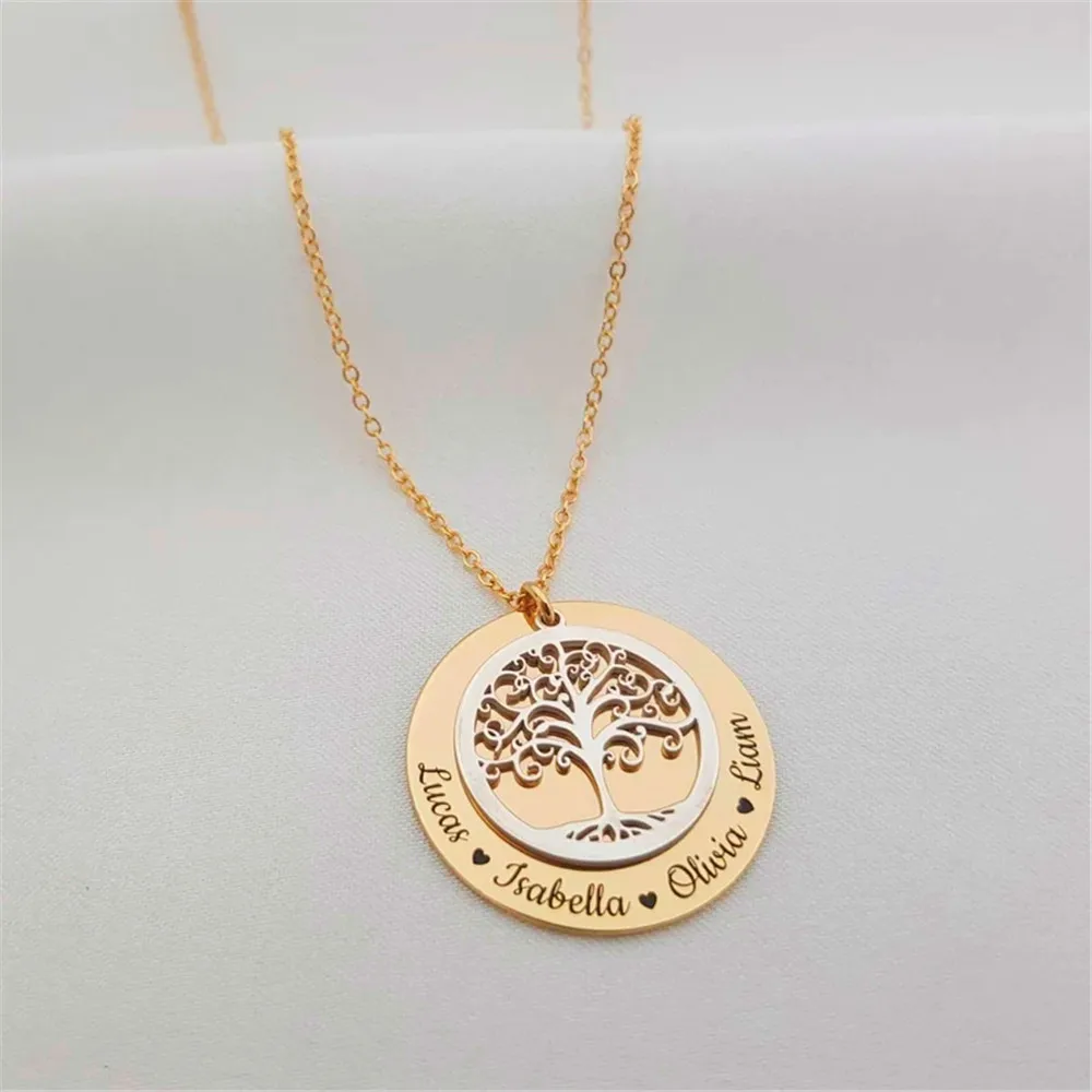 Collar personalizado con nombre familiar para mujer, colgante de árbol de la vida, gargantilla de acero inoxidable, joyería de regalo