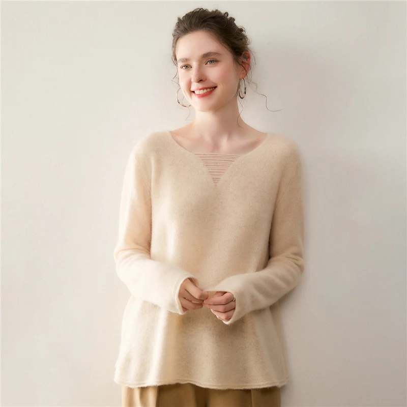 

New Chic Women's V-Neck Simple Basics Style Pullover Autumn Winter 100% Cashmere Knitted Sweater Soft Casual Loose Elegant Tops