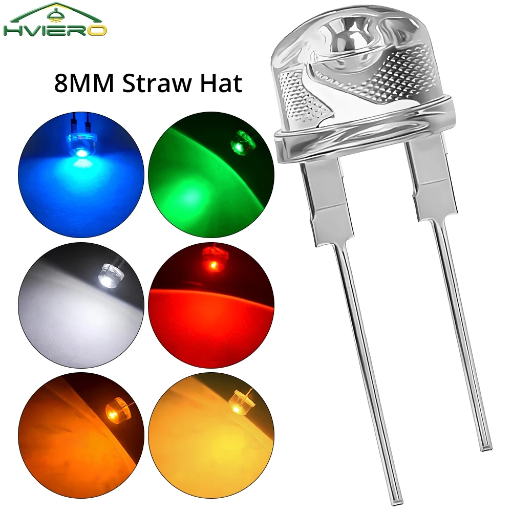 

500/1000Pcs Bright Diode Lamp Bead LED Bulb 8mm Straw Hat Led Super White Red Yellow Blue Green Emitting Light Decoration Lights
