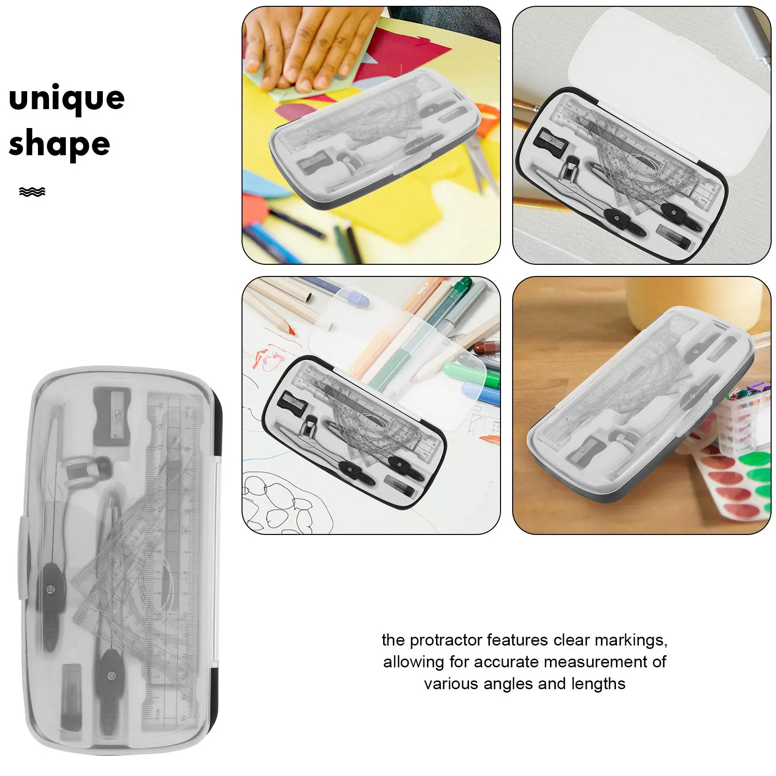 1Set Compact Geometry Drawing Compass Protractor Ruler Kit Student Math Study Tools School Supplies for Drafting Projects