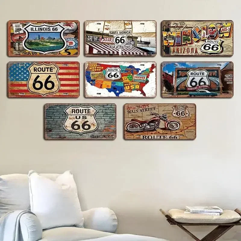 Vintage Route 66 License Plate Metal Aluminum Signs Motorcycle Car Metal Poster For Garage Bar Pub Club Cafe Man Cave Wall Decor