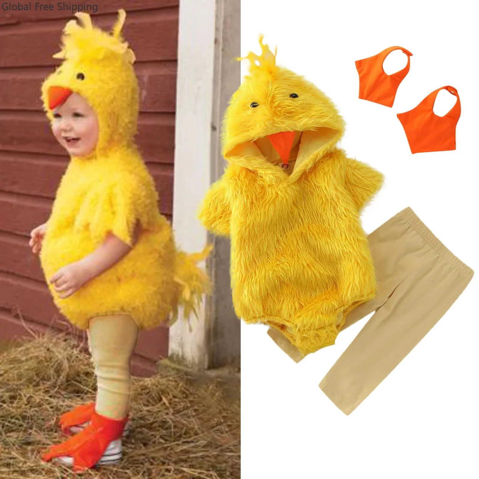 

Halloween Christmas Party Baby Girl Boy Cosplay Chicken One-piece Clothes Cute Plush Short-sleeved Hooded One-piece Pants Set