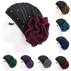 Indian Turban Women Big Flower Bonnet Beads Pearls Headscarf Muslim Headwear Chemo Cancer Cap Glitter Pleated Scarf Wrap Hat Cap