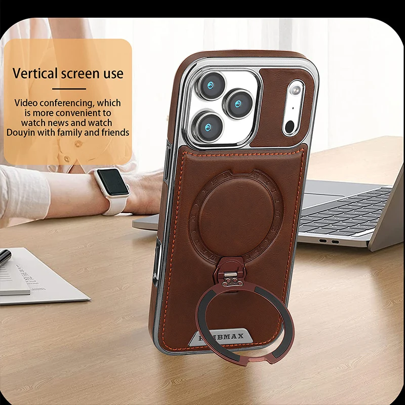 

Case For iPhone 17 16 15 14 13 12 11 Air Pro Max 16e Magsafe Embossed Leather 360° Rotation Metal Bracket Electroplate Cover