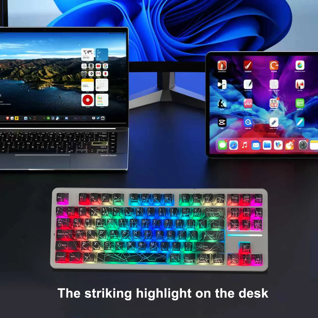 คีย์แคปใสรูปใยแมงมุม 120 ปุ่ม สีดำ วัสดุพีซีโปร่งแสง 4 ด้าน โปรไฟล์ OEM ใช้ได้กับคีย์บอร์ด 61/64/66/68 ปุ่ม