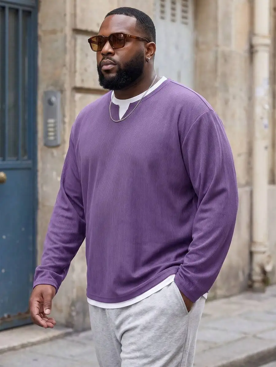 Plus Size Men's 2 In 1 Small V-Neck Long Sleeve T-Shirt Vertical Ribbed Texture Loose Casual Top