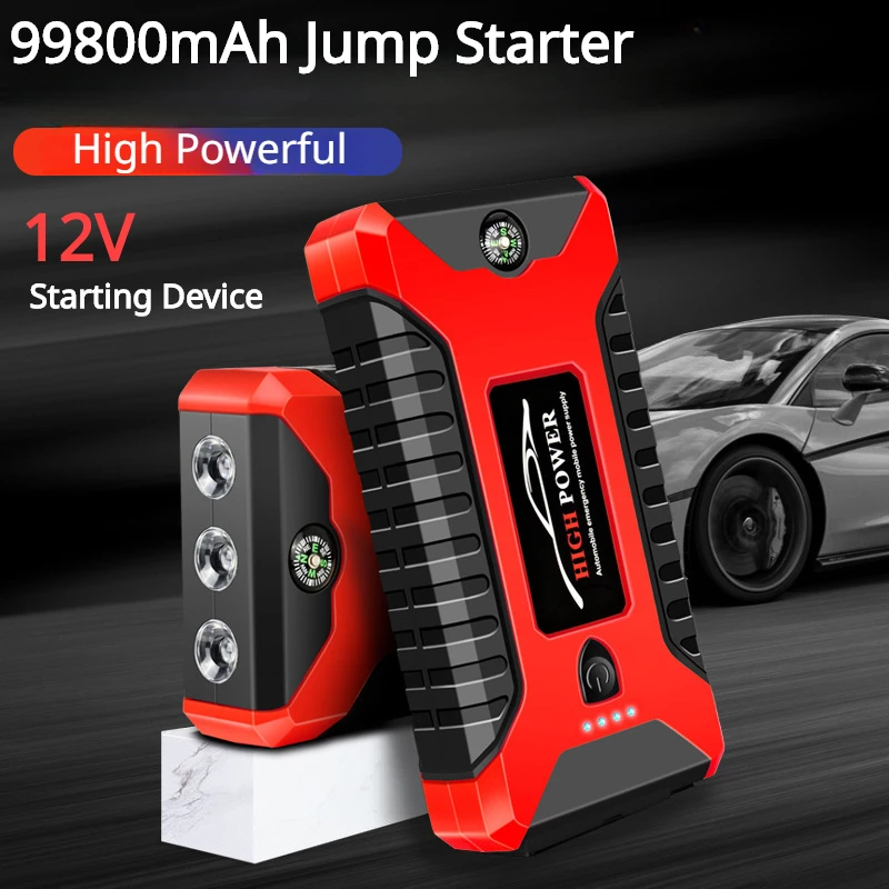12V Emergency Jump Starter 2000A Peak Air Compressor 99800mAh Portable Power Source Flashlight Compass Auto Starting Tool