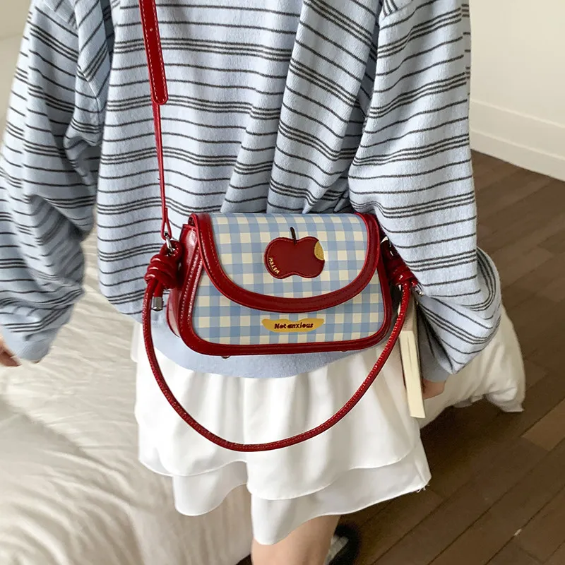 Sweet Korean Summer Dopamine Girls Handbag Blue Red Lively Cute Printed Apple Checkered Fashionable Casual Pu Shoulder Bag