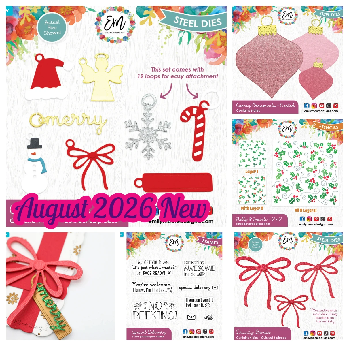 Christmas Charm Die Set Holly & Swirls Stencil Curvy Ornament Nested Dainty Bow Card Making Scrapbook DIY Craft August 2026 New
