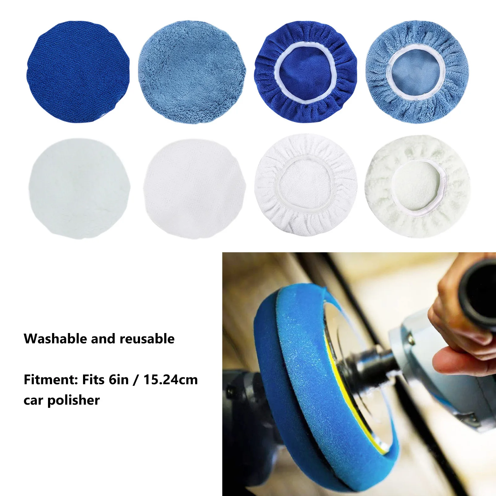 8pcs Car Polishing Pad Bonnet Set Microfiber Cotton Wool Coral Fleece Buffing Pad Cover for 6in Car Polisher
