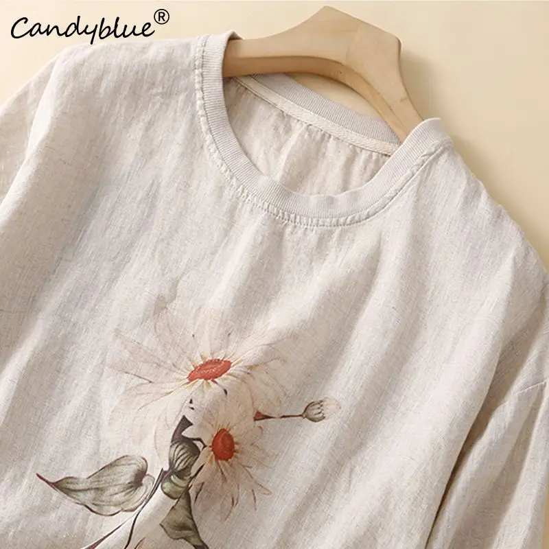 Women\'s 2023 Spring And Summer New Vintage Print Top Thin Loose Casual Versatility Short Sleeve T-shirt Fashion Female Clothing