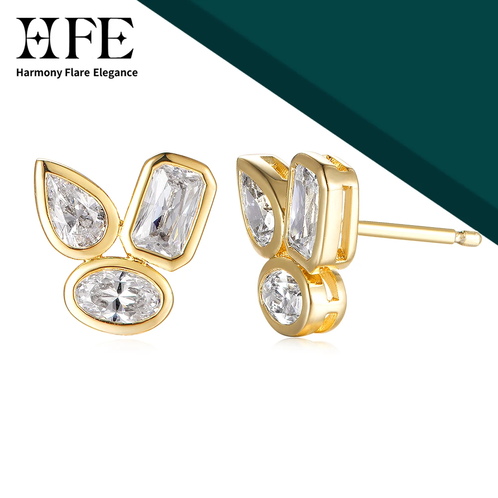 

Женские серьги-гвоздики с геометрическим рисунком HFE и 3 цирконами ААА, посеребренные, 14-каратное золото, модные женские украшения