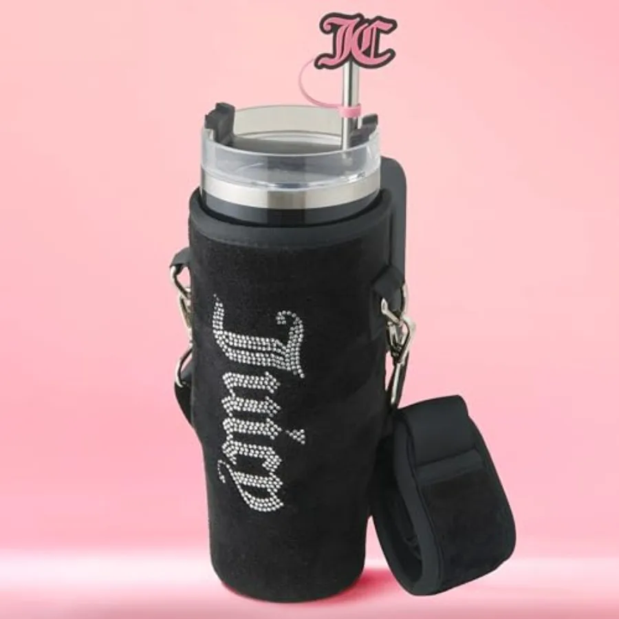 

Jetsetter 30oz Stainless Steel Travel Tumbler with Velour Crossbody Pouch Interchangeable Lid and Straw Black