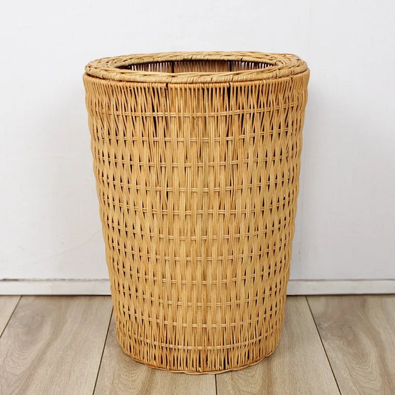 Simple Office Waste Paper Basket Round Uncovered Household Living Room Bedroom Study Bamboo and Rattan Woven Waste Bins