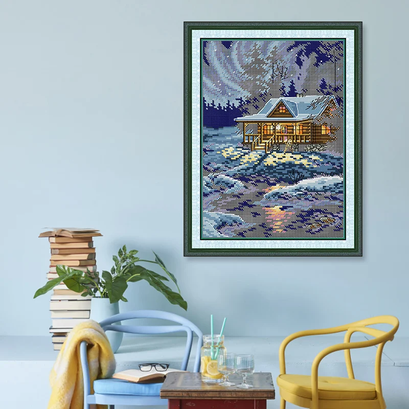

Cross Stitch Kit Aida 16CT 14CT 11CT DMC Threads Joy Sunday DIY Embroidery Complete Kit Hut in The Moonlight Christmas Gift