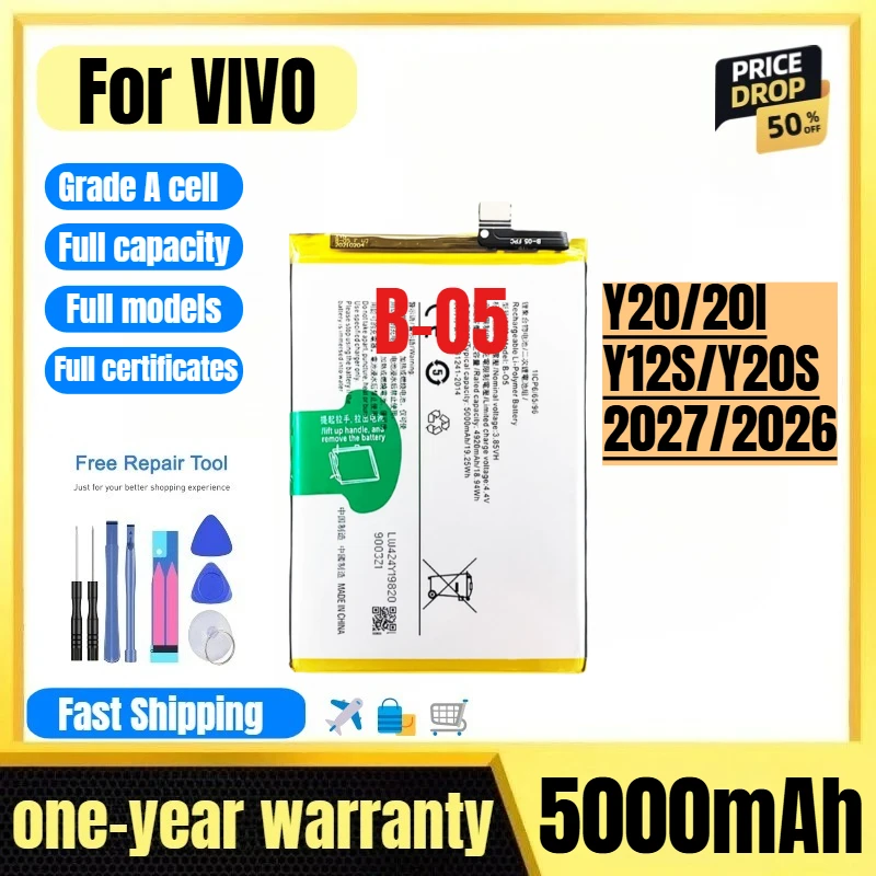 

B-O5 for VIVO Y20/20I/Y12S/Y20S/2027/2026 Phone Battery 0 Cycle High Quality High Capacity Replacement Bateria Grade A with Tool