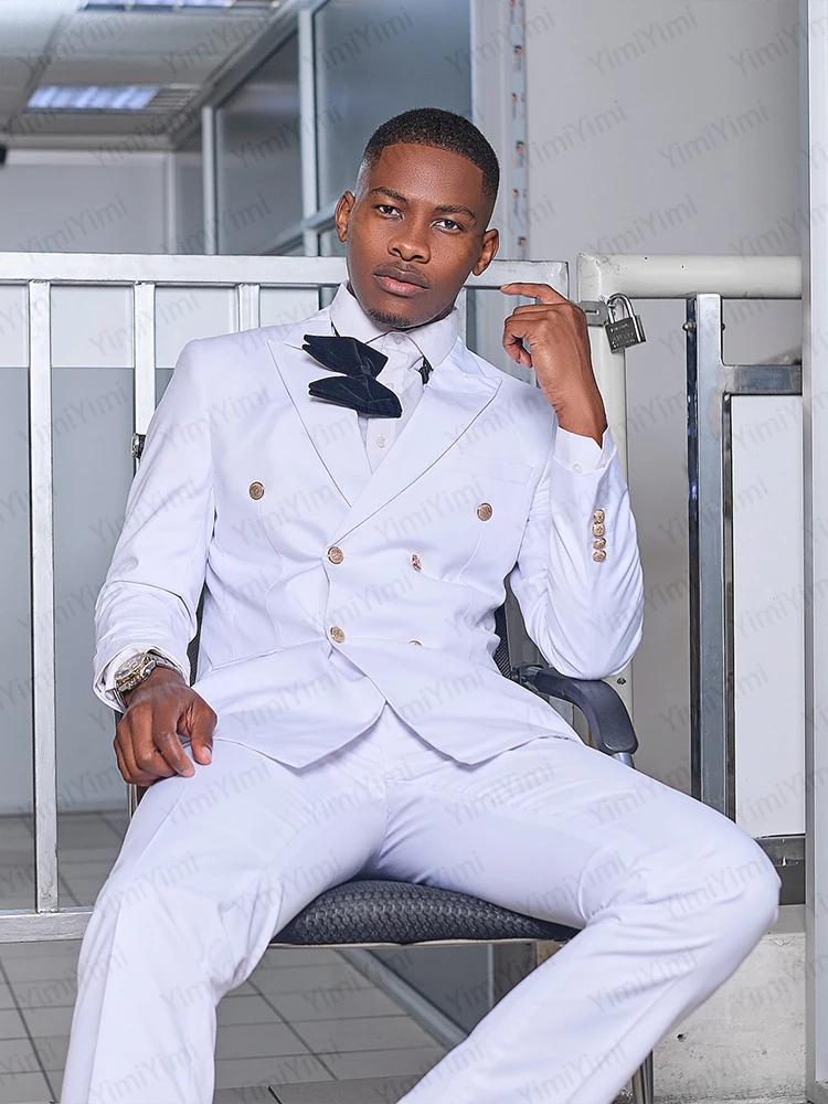 Abiti da uomo eleganti da sposa con risvolto a punta doppio petto abito da sposo bianco blazer giacca civile africana set da ballo slim personalizzato