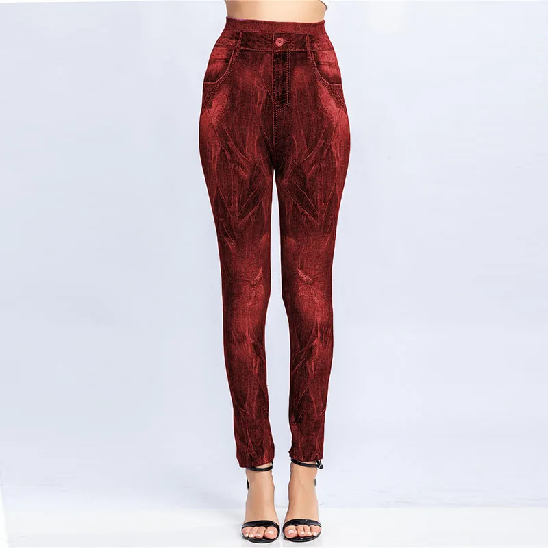 Damen Denim Print Leggings Weibliche Mode Schlanke Leggings Faux Jeans Leggings Lady Stretch Bedruckte Leggins Hosen