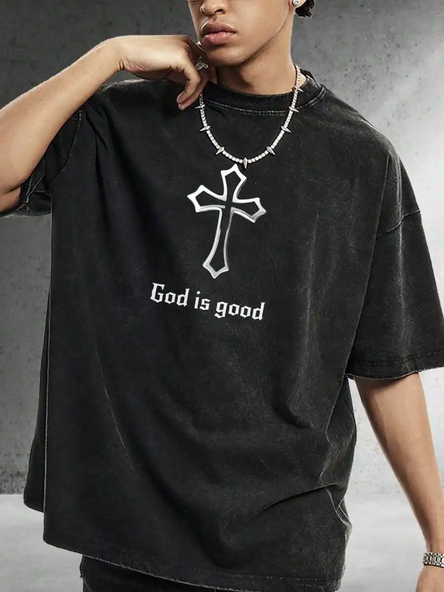 

Mens Vintage Washed Cotton Tee With Cross Print God Is Good Oversized Casual T-Shirt