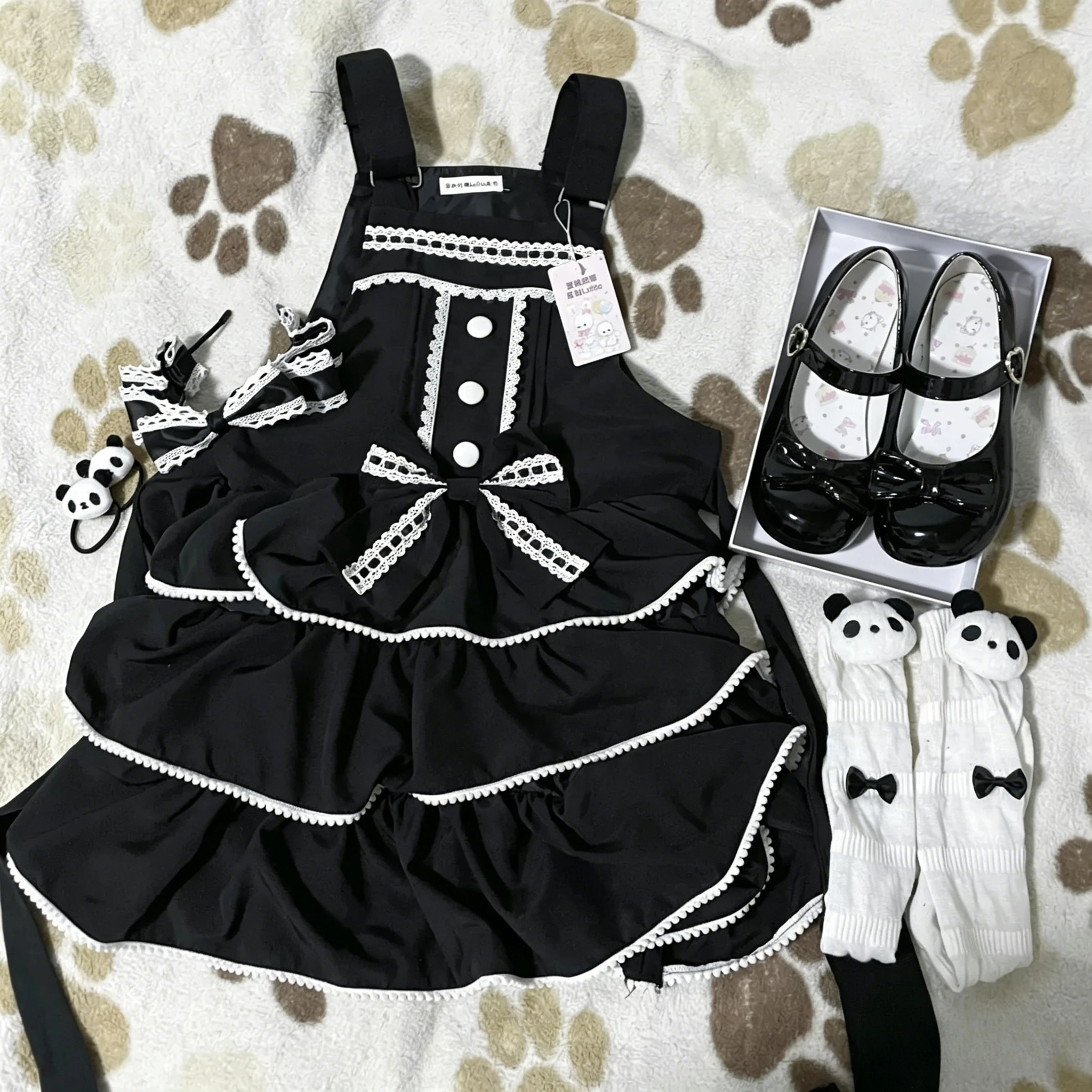 

Lolita Sweet Cute Lace Bow Layered Women Pinafore Dress Button Lace Trim Bow Layered Mini Skirt Female Cute Daily Style Dress