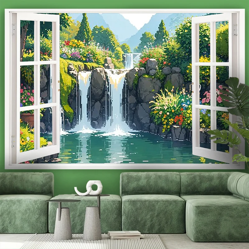1PC Digital Print Tapestry Wall Hanging, Fake Window Autumn Forest Golden Leaves Art, Nature Scenery 3D Window Wall Art Decor