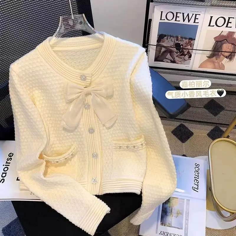 White Diamonds Bow Knitting Cardigan Coat Women Autumn Winter Simplicity Loose Sweater Fashion All-match Trend Knitwear Tops