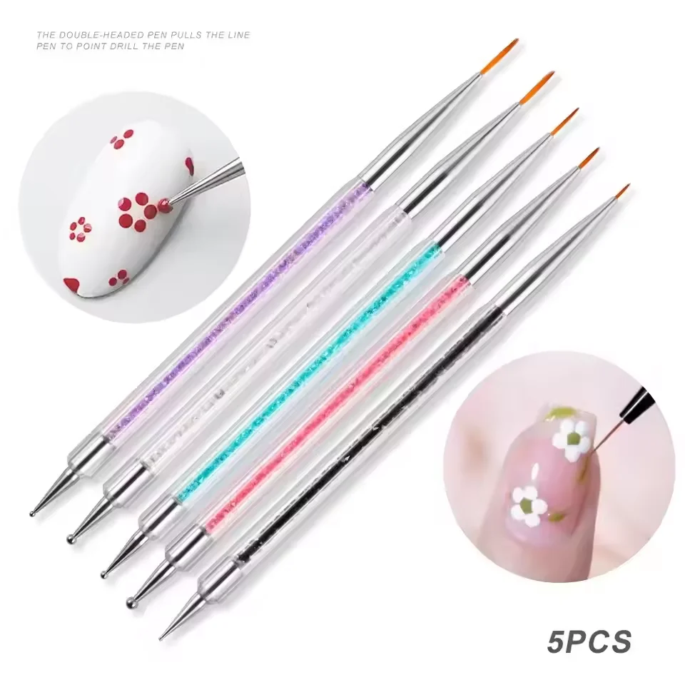 5Pcs Double-Ended Nail Art Dotting Pens Set Crystal Handle Manicure Tools Kit UV Gel Polish Painting Brush DIY Design Accessorie