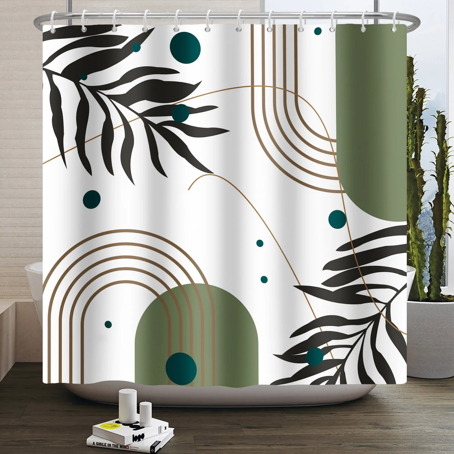 Mid Century Abstract Boho Shower Curtain Green Leaf Plant Modern Arch Sun Minimalist Nordic Waterproof Bathroom Bath Curtain