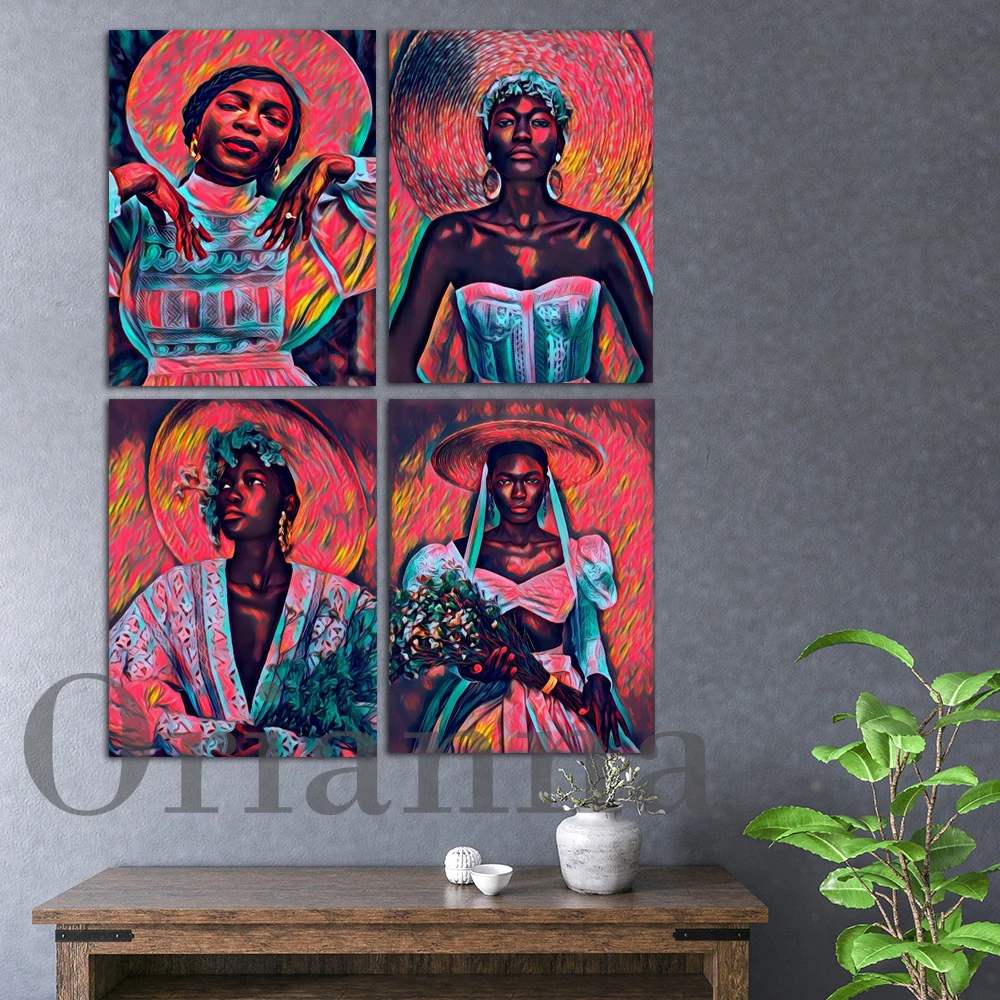 Fashion African Woman Black Girl Flowers And Lace Colorful Retro Wall Art Canvas Prints Poster Modern Living Room Decor Painting