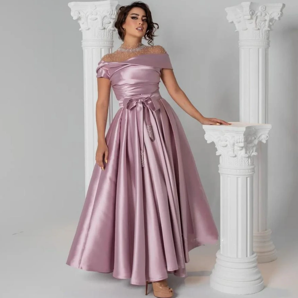 

Jiayigong Sparkle Exquisite Evening Satin Beading Draped Pleat Celebrity A-line High Collar Bespoke Occasion Gown Midi Dresses