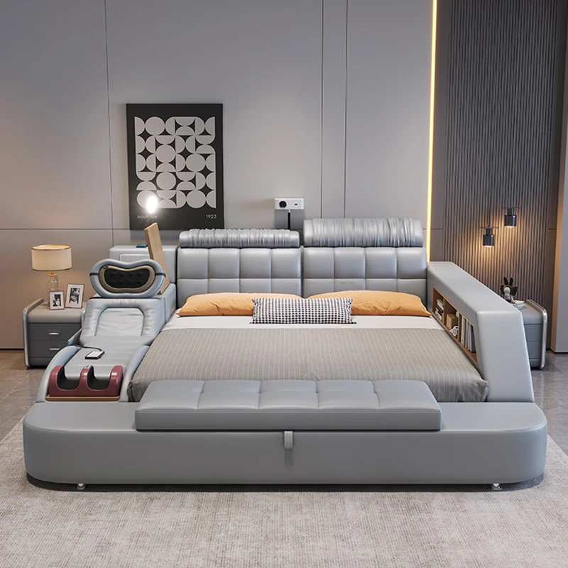 

Nordic Style Double Bed Designer Wood Italian Massage Queen Bed Bedroom Smart Sleeping Cama Inteligente Multifuncional Furniture