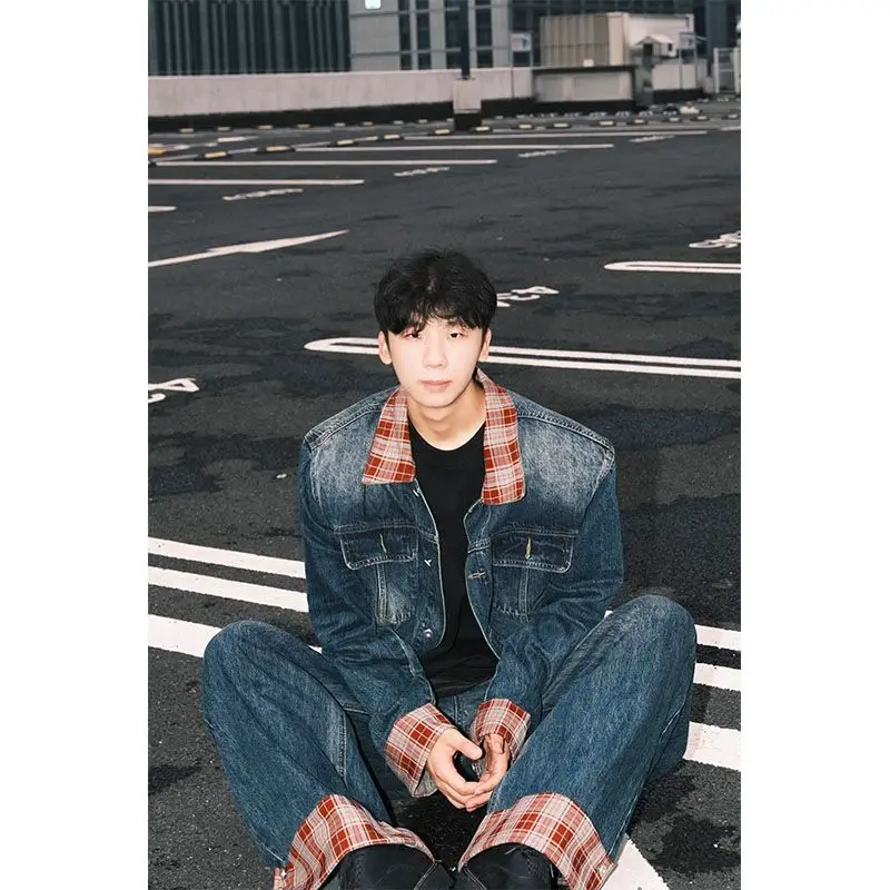 

Irregular Contraste Denim Jacket for Men Autumn Patchwork Plaid Top Loose Fashion Denim Trousers Casual Style Two-piece Set